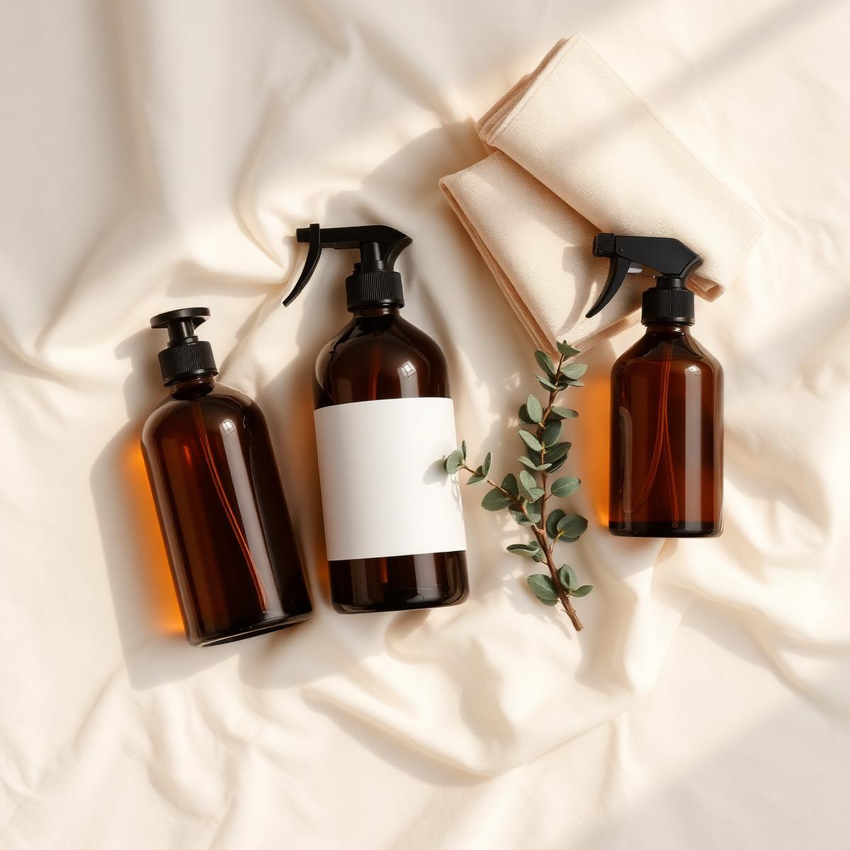 Cleaning supplies arranged on cream linen