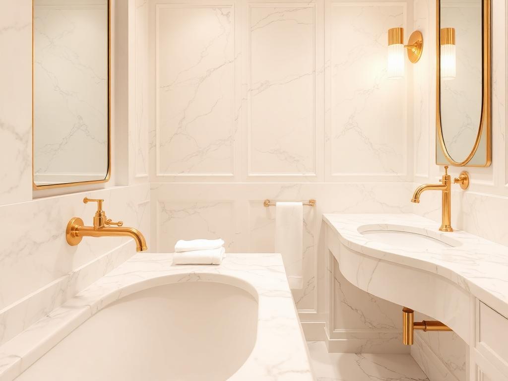 Sparkling marble bathroom with gold fixtures